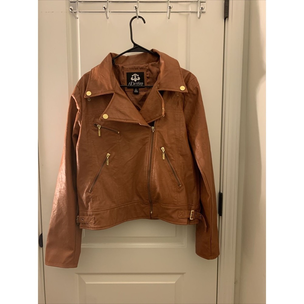 Dereon Women's Moto Biker Jacket Faux Leather Zip Up Size XL Rust Brown